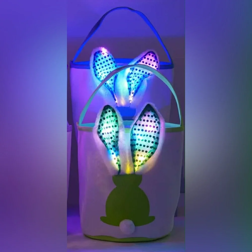 Set of 3 Easter Bunny Tote Bags with LED light up ears Green, Blue, and Purple